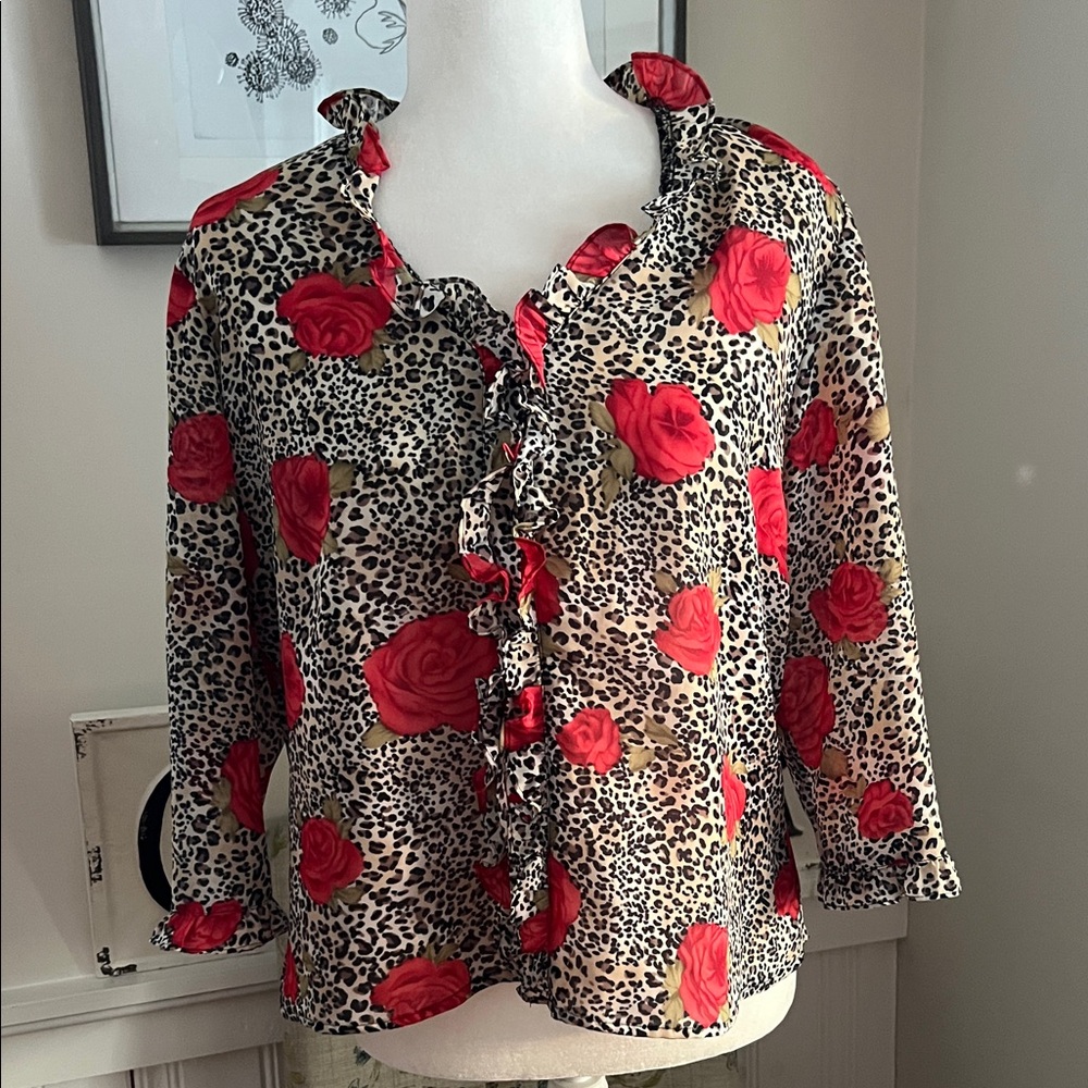 Kathy Che Ruffled Trim Cheetah and Rose Print Blouse